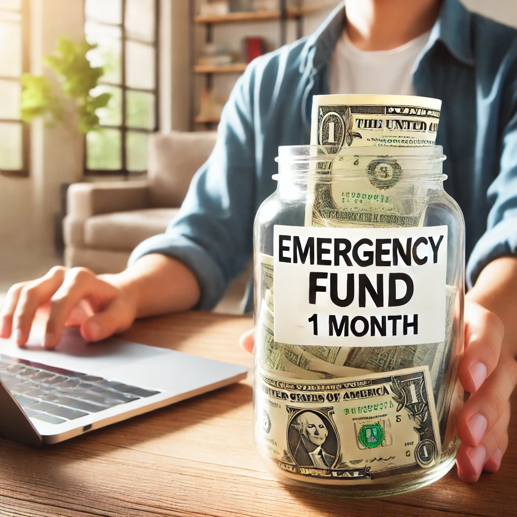 A person holding a jar labeled "Emergency Fund 1 Month" filled with U.S. dollar bills, with an open laptop in the background, symbolizes financial security and planning for a secure future.