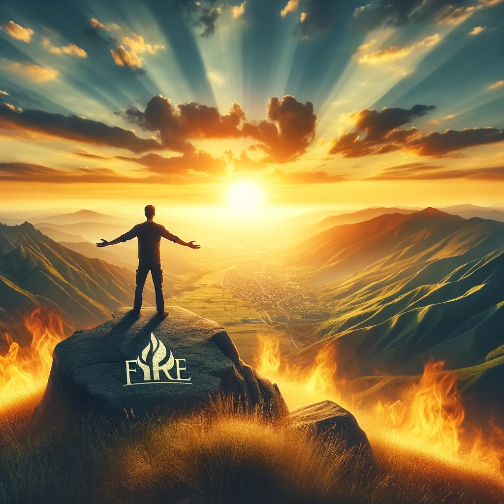 A person, recently retired, stands on a rock that says "FIRE," surrounded by flames, with arms outstretched overlooking a valley at sunrise, basking in the abundance of nature's beauty.